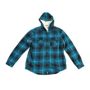Flannel Plaid Teal Hooded Button Down Shirt Jacket Shacket Boston Traders Size L